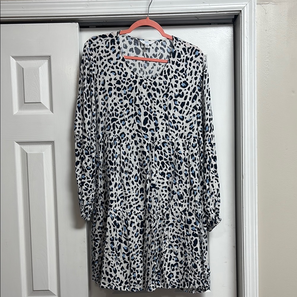Time and Tru Long Sleeve Leopard Print Dress - Blue and White